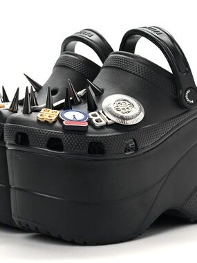 Balenciaga Black Platform Clog with Decorative Charms and Spikes